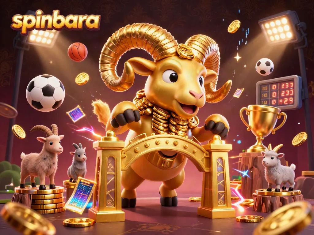 Spinbara showcases golden ram elements with sports balls, dynamic energy, and casino excitement.