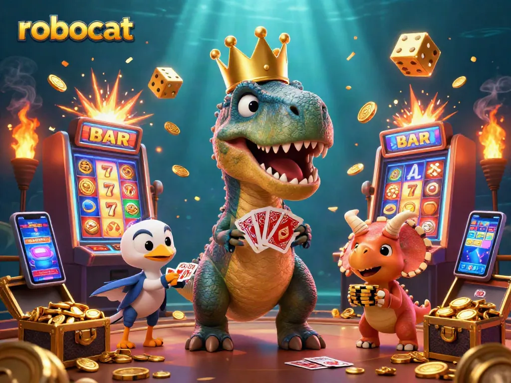 robocat themed 3D casino scene with T-Rex and pterodactyl playing cards amid bursting slot machines.
