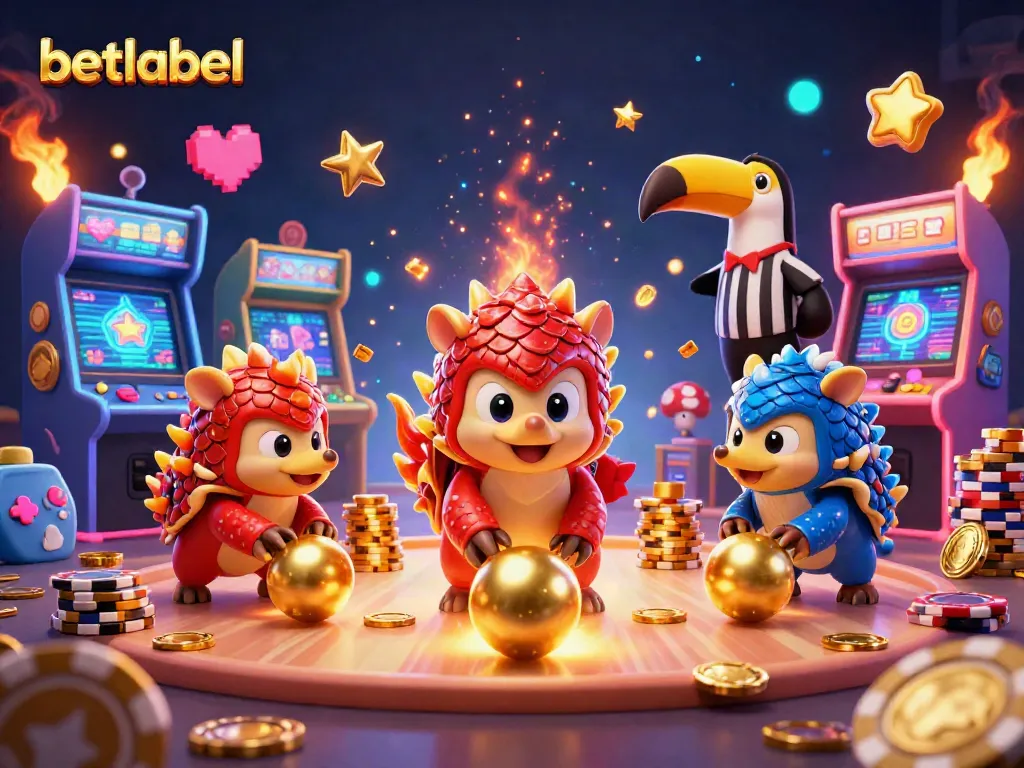 Experience thrilling gameplay at betlabel with cartoon pangolins rolling into golden balls and poker chips.