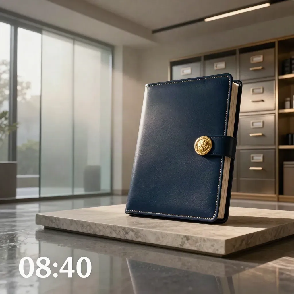 Archivador premium con carpeta de avales, sello dorado y luz matinal en un hall financiero.