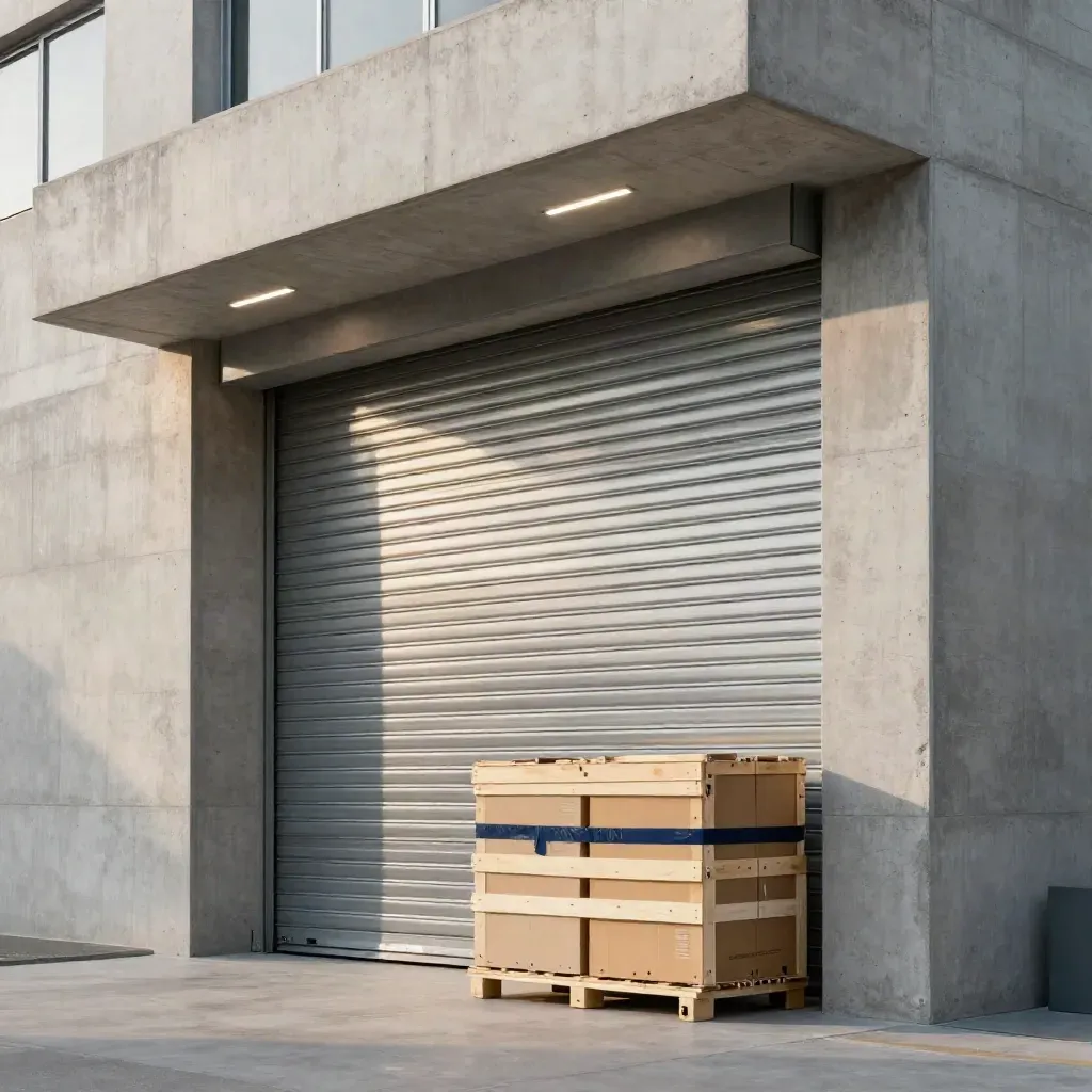 Nave industrial nueva con persiana cerrada, luminarias lineales y cajas de maquinaria embaladas.