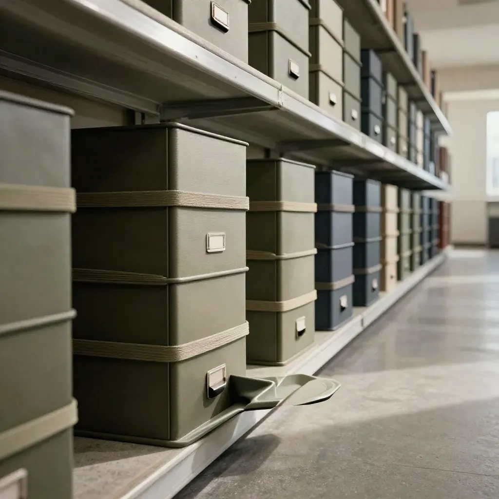 Pasillo de archivo con cajas modulares y bandejas apiladas en una reestructuración de deuda.