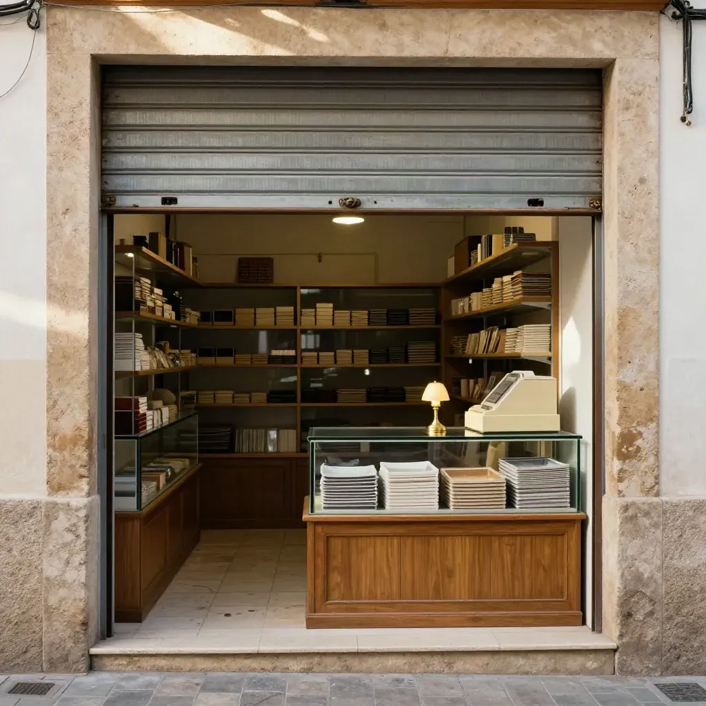 Tienda sevillana renovada con persiana pintada, caja cerrada y expositores ordenados.