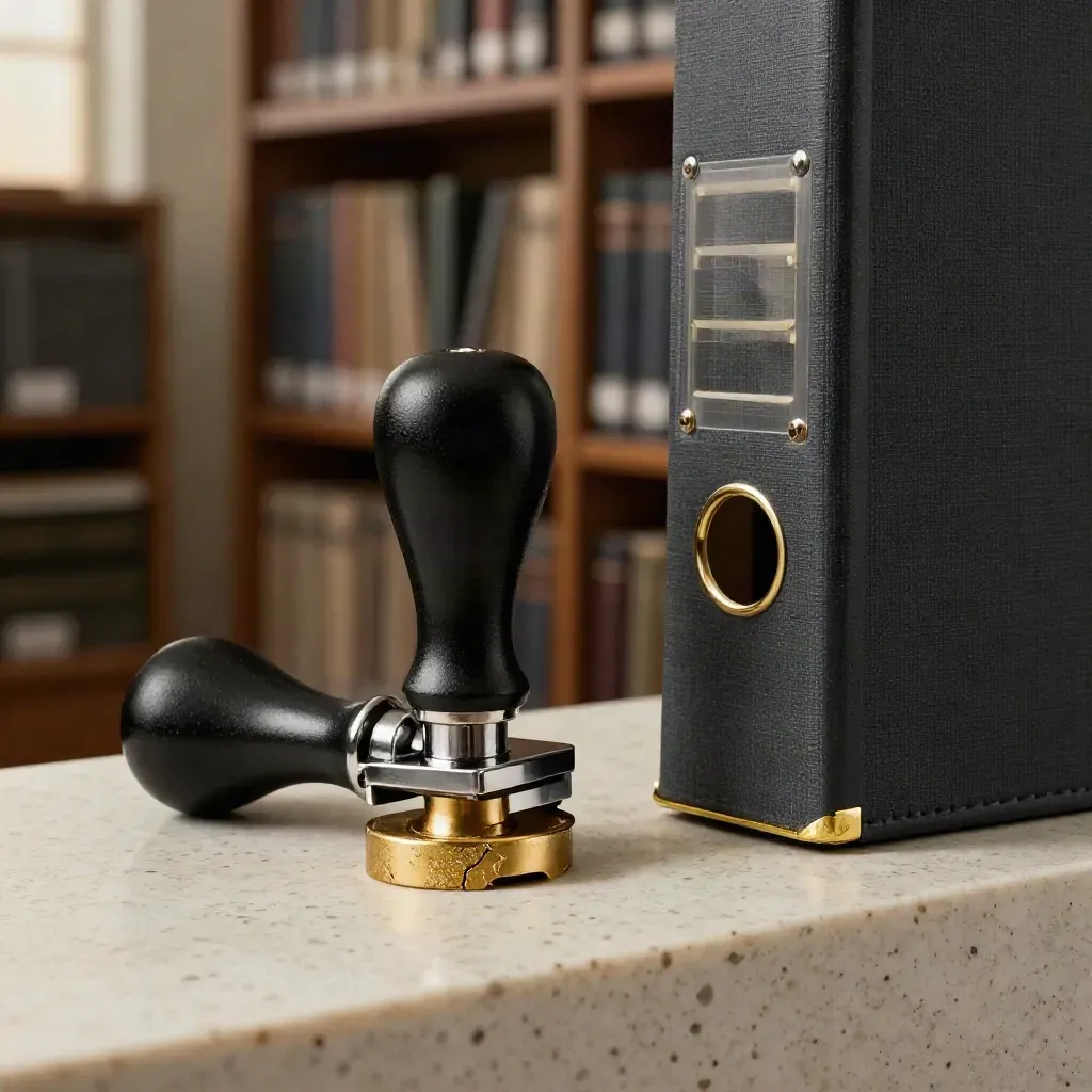 sello profesional junto a un lacre dorado roto y una carpeta de archivo premium sobre travertino