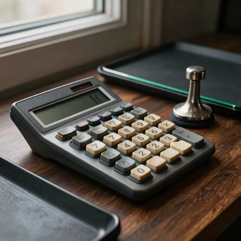 Calculadora financiera, fichas grises de riesgo y peso metálico sobre superficie oscura.