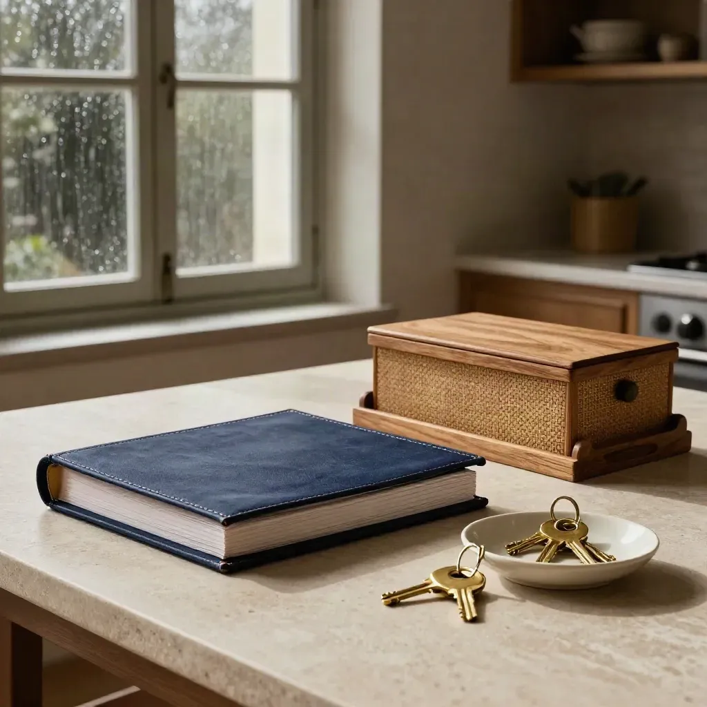 Carpeta doméstica cerrada, llaves y bandeja de cerámica en una cocina elegante con lluvia.