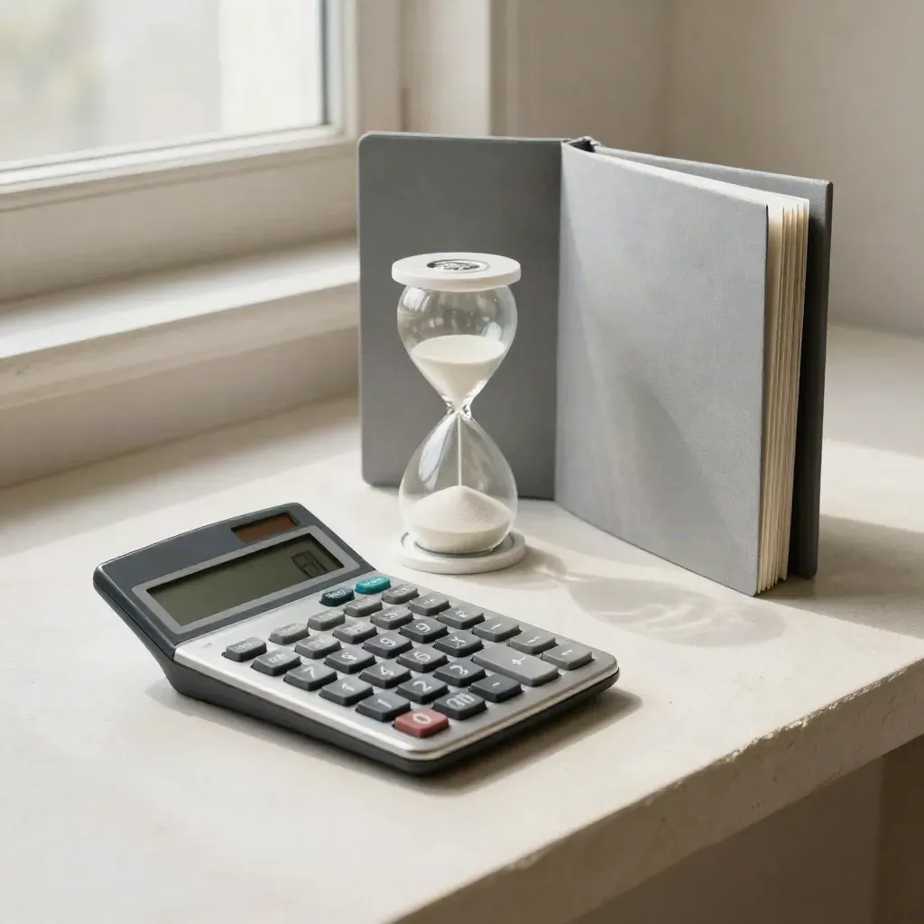 Calculadora, carpeta gris y reloj de arena sobre fondo claro, escena financiera minimalista.