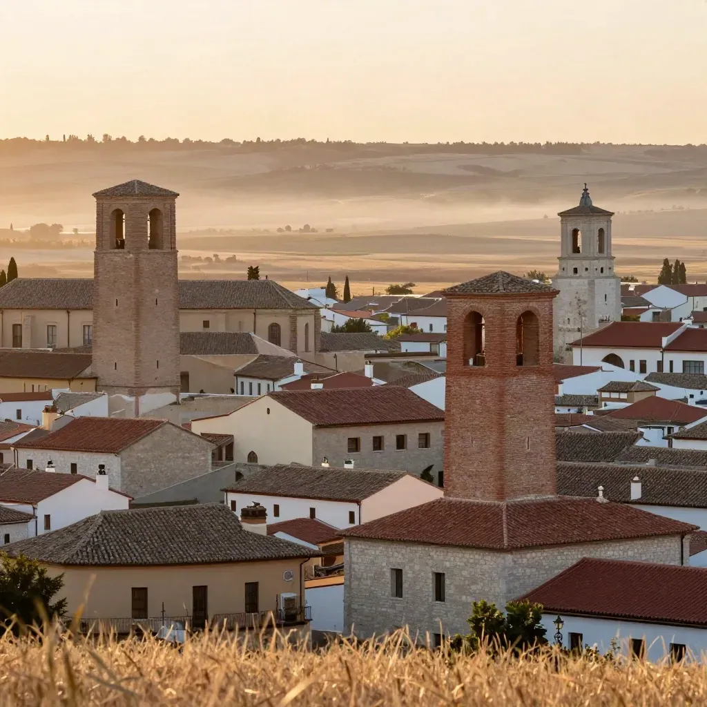Vista de Alcalá de Henares al amanecer, con torres de ladrillo y llano suave.