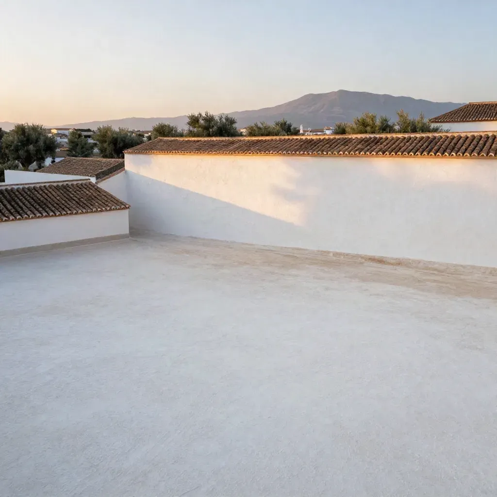 Muros encalados y tejas andaluzas con olivos y sierra al fondo, espacio limpio para texto.