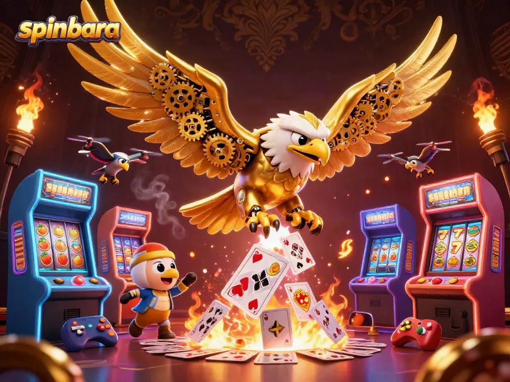 Spinbara casino-themed illustration with golden eagle and vibrant game elements.
