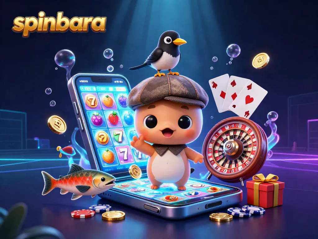 Spinbara casino scene featuring baby Nessie, a magpie, and slot game action for immersive fun